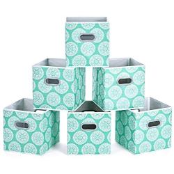 MaidMAX Cloth Storage Cubes, Cube Organizer Bins, Foldable Storage Baskets with Dual Plastic Handles for Home Office Nursery Drawers Organizers, Aqua Flower, Green, 10.5×10.5×11inches, Set of 6