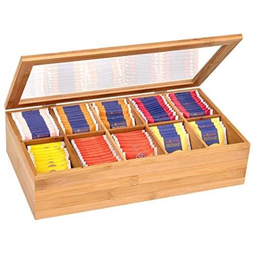 Bamboo Tea Storage Boxes Tea Bag Organizer or Kitchen Condiment Holder Perfect for Tea Lovers Countertop (14.5" x 8" x 4")