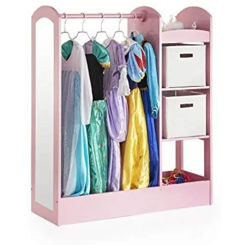 Guidecraft See and Store Dress-up Center ? Pink: Pretend Play Costume Storage Wardrobe for Kids with Mirror & Shelves, Armoire with Bottom Tray, Toddlers Room Furniture