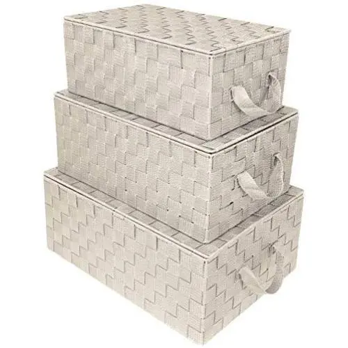 Sorbus Storage Boxes Woven Basket Bin Container Tote Cube Organizer Set Stackable Storage Basket Woven Strap Shelf Organizer Built-in Carry Handles (Woven Lid Baskets - Beige)