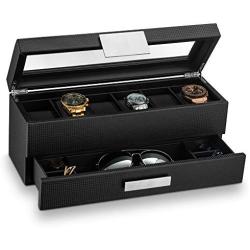 Glenor Co Watch Boxes with Valet Drawer for Men - 6 Slot Luxury Watch Case Display Organizer, Carbon Fiber Design -Metal Buckle for Mens Jewelry Watches, Mens Storage Holder Boxes has a Large Glass Top