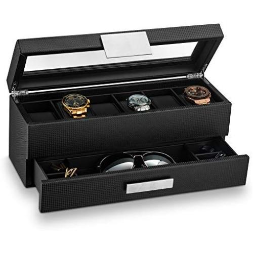 Glenor Co Watch Boxes with Valet Drawer for Men - 6 Slot Luxury Watch Case Display Organizer, Carbon Fiber Design -Metal Buckle for Mens Jewelry Watches, Mens Storage Holder Boxes has a Large Glass Top Glenor Co Watch Boxes with Valet Drawer for Men - 6 Slot Luxury Watch Case Display Organizer, Carbon Fiber Design -Metal Buckle for Mens Jewelry Watches, Mens Storage Holder Boxes has a Large Glass Top