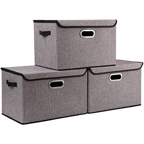 Seckon Collapsible Storage Boxes Container Bins with Lids Covers[3Pack] Large Odorless Linen Fabric Storage Organizers Cube with Metal Handles for Office, Bedroom, Closet, Toys