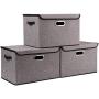 Seckon Collapsible Storage Boxes Container Bins with Lids Covers[3Pack] Large Odorless Linen Fabric Storage Organizers Cube with Metal Handles for Office, Bedroom, Closet, Toys