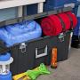 Storage Box. Wheeled Plastic Container Crate W Lid Protects From Damp, Odors, Dirt, Dust, Pests. Replaces Bin, Basket, Tube. Space Saver Footlocker Tote To Hold, Organize In Garage, Boat, Home, Office