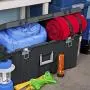 Storage Box. Wheeled Plastic Container Crate W Lid Protects From Damp, Odors, Dirt, Dust, Pests. Replaces Bin, Basket, Tube. Space Saver Footlocker Tote To Hold, Organize In Garage, Boat, Home, Office