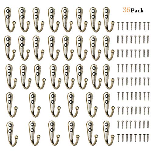 36 Pieces Coat Hooks Wall Mounted Robe Hook Single Coat Hanger No Scratch and 72Pieces Screws (Bronze)