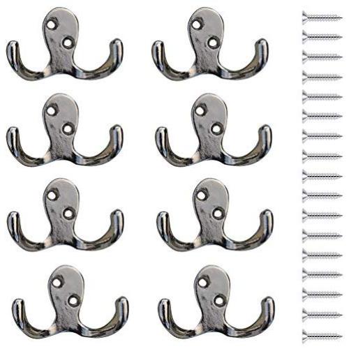 Rustic Coat Hooks Double Prong Wall Mounted 12 Packs with 28 Screws 20 LB Utility Hooks Heavy Duty Towel Hooks Retro Double Hooks for Coat, Scarf, Bag, Towel, Key, Cap, Cup (4# Silver 8 Pack)