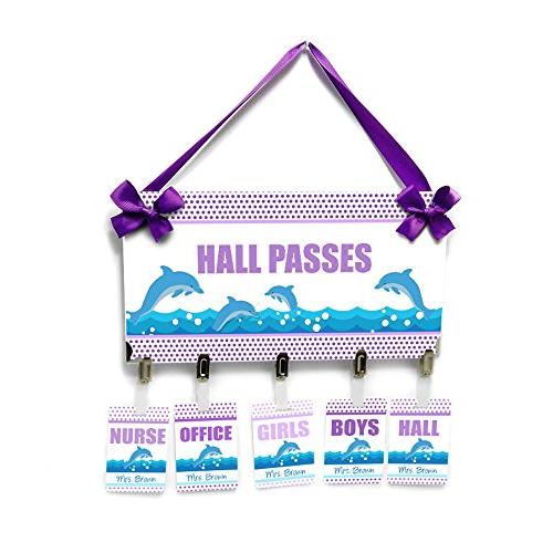 Personalized Hall Passes Hanger Wall Sign and Student Badges, Purple Small Dots with Dolphins