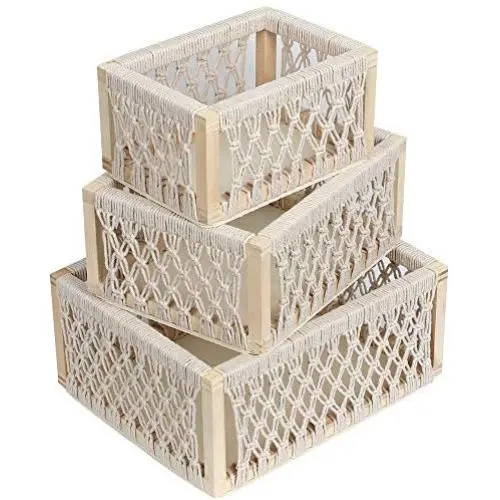 Decorative Storage Boxes, Unique Rectangular Wood Storage Bins and Wicker Baskets for Shelves, Closet and Kitchen, Wooden Storage Crates Handwoven with Cotton Rope(Ivory, Set of 3)