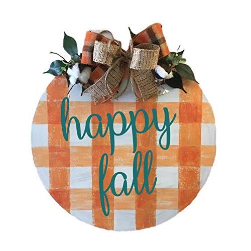 Happy Fall Plaid Door Hanger, Orange Plaid and Teal Wood Sign, Farmhouse Shabby Natural Cotton Country Thanksgiving Round