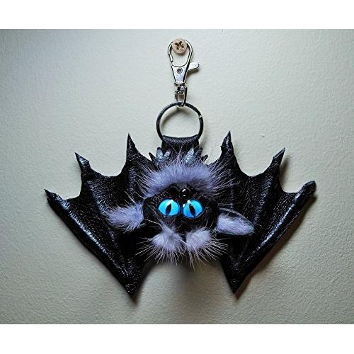 Leather, real fur bag charm. Black leather 3D bat. Gothic fashion key chain. Charm hanger, Purse charm, Key charm, Car accessories