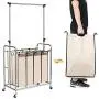 Bonnlo 4-Bag Laundry Sorter with Hanging Bar, Heavy-Duty Wheels, Removable Bags and Brake Carters, Beige