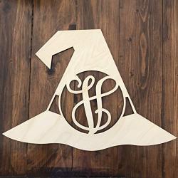 Unfinished Wood Witch Monogram Hanger - Wood Witch Hat Wreath - Halloween Wall Hanger - Witch Hat Initial Wreath - Fall Wall Hanger