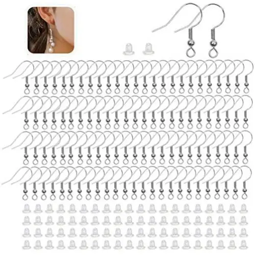 100 PCS Silver Earring Hooks Hypoallergenic Stainless Steel Earrings Wires Fish Hooks with 100 PCS Clear Rubber Earring Backs for Jewelry Making DIY 100 PCS Silver Earring Hooks Hypoallergenic Stainless Steel Earrings Wires Fish Hooks with 100 PCS Clear Rubber Earring Backs for Jewelry Making DIY