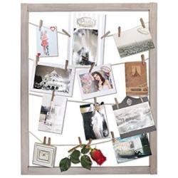 Reimagine Hanging Photo Display- Wood Wall Picture Frame Collage Board for Hanging Prints, Instax, Polaroid, Holiday Cards, Artwork- Display 2 Ways- Adjustable String, 40 Clothespin Clips- Rustic Grey