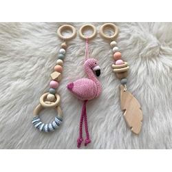 Pink and gray baby gym mobiles.Set of 3: Flamingo, feather, ring. Wooden play gym hangers. Crochet rattle. Baby shower gift. Sensory development.