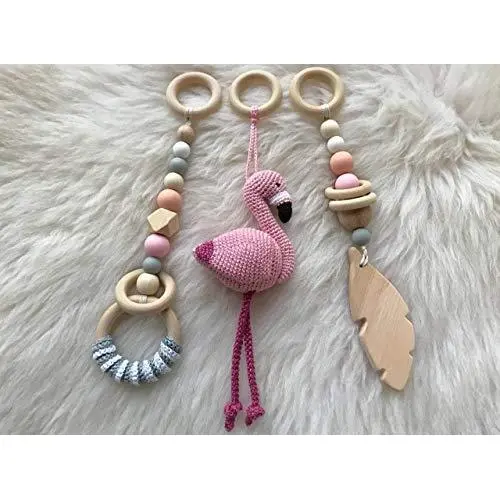 Pink and gray baby gym mobiles.Set of 3: Flamingo, feather, ring. Wooden play gym hangers. Crochet rattle. Baby shower gift. Sensory development.
