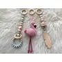 Pink and gray baby gym mobiles.Set of 3: Flamingo, feather, ring. Wooden play gym hangers. Crochet rattle. Baby shower gift. Sensory development.