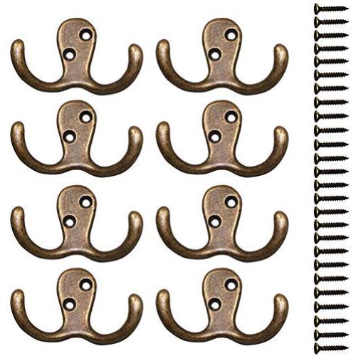 Heavy Duty Wall Hooks 8 Pack Double Prong Robe Hook Rustic Hooks Retro Clothes Hanger Coat Hanger Wall Mounted Hook with 20 Screws 35 LB