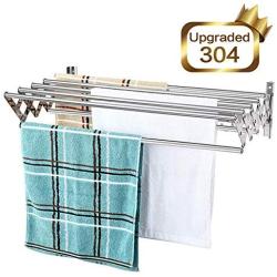 Mertonzo  Folding Clothes Drying Rack Wall Mount, 304 Stainless Steel Retractable Laundry Drying Rack/ Bathroom Towel Rack with Hooks, Rustproof Space-Saving Clothing Hanger for Indoor Outdoor