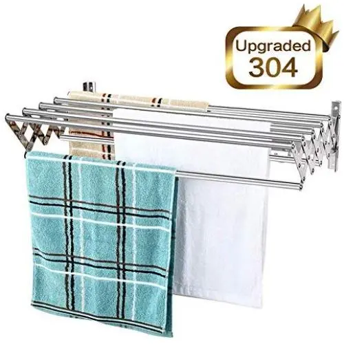 Mertonzo  Folding Clothes Drying Rack Wall Mount, 304 Stainless Steel Retractable Laundry Drying Rack/ Bathroom Towel Rack with Hooks, Rustproof Space-Saving Clothing Hanger for Indoor Outdoor