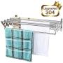 Mertonzo  Folding Clothes Drying Rack Wall Mount, 304 Stainless Steel Retractable Laundry Drying Rack/ Bathroom Towel Rack with Hooks, Rustproof Space-Saving Clothing Hanger for Indoor Outdoor