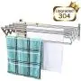 Mertonzo  Folding Clothes Drying Rack Wall Mount, 304 Stainless Steel Retractable Laundry Drying Rack/ Bathroom Towel Rack with Hooks, Rustproof Space-Saving Clothing Hanger for Indoor Outdoor
