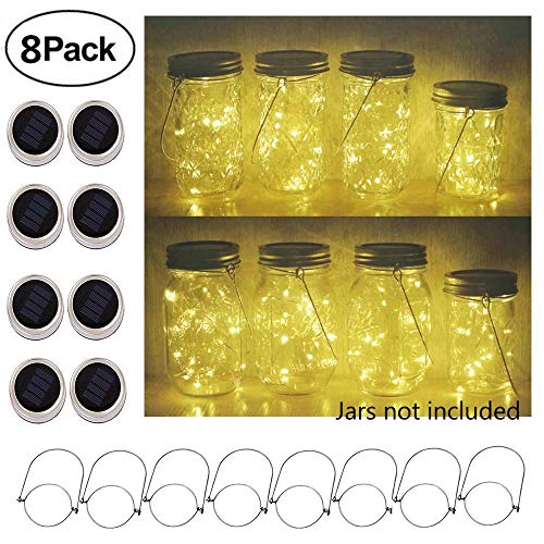 Decem Mason Jar Solar Lights, 8 Pack 10 LED Fairy Star Firefly String Lids Lights with 8 Hangers for Patio Yard Garden Party Wedding Christmas Decoration(Jars Not Included)