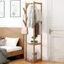 GGYDD Bamboo Tree Stand Clothes Hanger,Sturdy Coat Hat Rack Garment Rack with 3-Animal Storage Shelves and Hooks-Brown 30x158cm(12x62inch)