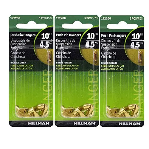 Hillman Fasteners 122206 10-Pound Push Pin Hanger, Brass Finish (Pack of 5), 3 Pack