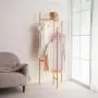 BAOYOUNI Foldable Coat Garment Rack Hall Tree Indoor Entryway Standing Laundry Clothes Hats Bags Hanger Corner Shelves Space Saver, Adjustable Feet (Wood Color)