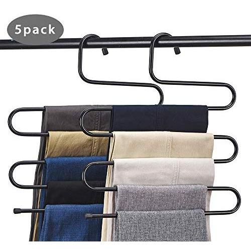 CEISPOB Pants Hangers S-Type Clothes Jeans Hanger, Space Saving Magic Hangers, Newest Version Closet Storage Organizer for Pants Jeans Trousers Scarf Hanging (Black, 5 Pack)