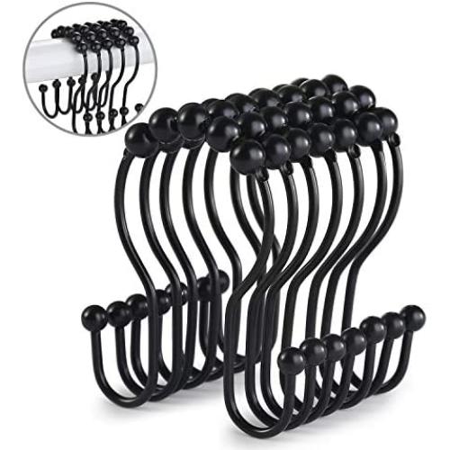 Goowin Shower Curtain Hooks, 12 Pcs Shower Curtain Rings, Stainless Steel Roller Rust-Resistant Balance Sliding Anti-Drop Double Shower Hooks for Curtain Bathroom Shower Curtains (Black)