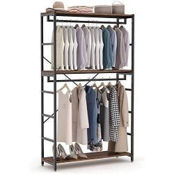 Tribesigns Double Rod Closet Organizer, Free Standing 3 Tiers Shelves Clothes Garment Racks, Large Heavy Duty Clothing Storage Shelving Unit for Bedroom Laundry Room, Vingate Walnut Finsh & Metal Fram