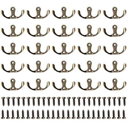 WODE Shop 25 Pieces Double Prong Robe Hook Rustic Hooks, Wall Mounted Hook Coat Hooks Retro Cloth Hanger with 50 Pieces Screws (Bronze Color)