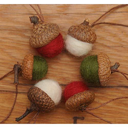 Wool Felted Acorn Christmas Ornaments, Set of 6 Red Green & White, also available without hangers