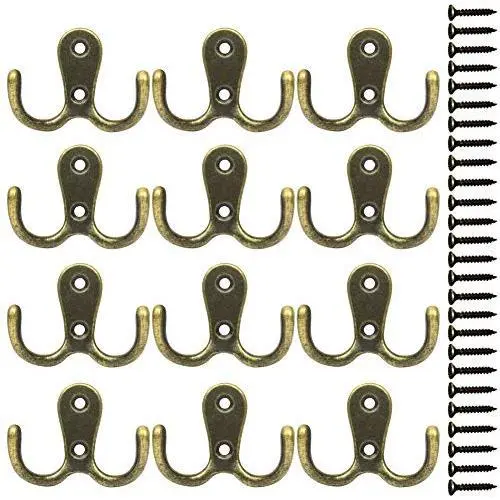 12 Pack Coat Hooks Wall Mounted Heavy Duty Retro Dual Prong Rustic Dual Hooks for Hats, Coats, Clothes, Towels, Bag, Key，Accessories Hanger (5# Bronze 12 Pack)