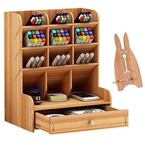 Marbrasse Wooden Desk Organizer, Multi-Functional DIY Pen Holder Box, Desktop Stationary, Easy Assembly,Home Office Supply Storage Rack with Drawer (B11-Cherry Color)