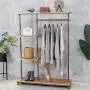 HANS CAO Industrial Style Rolling Clothes Rack,Heavy Standing Hanger,Wheels Pipe Shelves,Bagging Clothes Organizer,Shoe Cabinet Storage Rack,Iron and Wood,47.2&quotx 14&quotx 63”