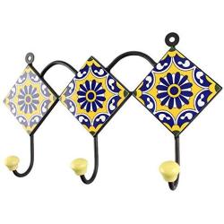 Indianshelf Handmade 1 Artistic Vintage Blue Ceramic Wheel Flower Key Hooks Tile Hanger/Wall Hooks Decorative