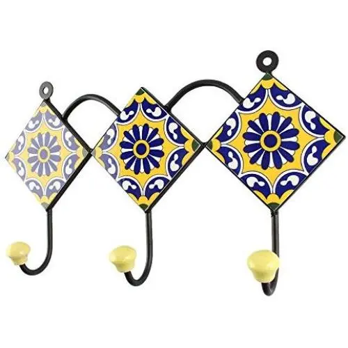 Indianshelf Handmade 1 Artistic Vintage Blue Ceramic Wheel Flower Key Hooks Tile Hanger/Wall Hooks Decorative Indianshelf Handmade 1 Artistic Vintage Blue Ceramic Wheel Flower Key Hooks Tile Hanger/Wall Hooks Decorative