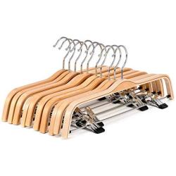 Wood Hangers 10-Pack, Royalhanger Pants Hangers Skirt Hangers Wooden Hangers with 2 Adjustable Clips, Natural Finish