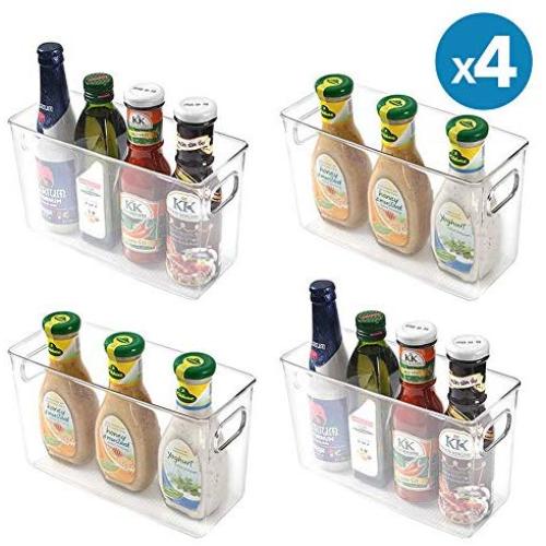 MoMA Kitchen Plastic Storage Organizer Bins (4 Packs) with Handles, Clear Container for Pantry, Cabinets, Shelves, Refrigerator, Freezer - 10" x 4" x 6" Deep - Food Safe, BPA Free