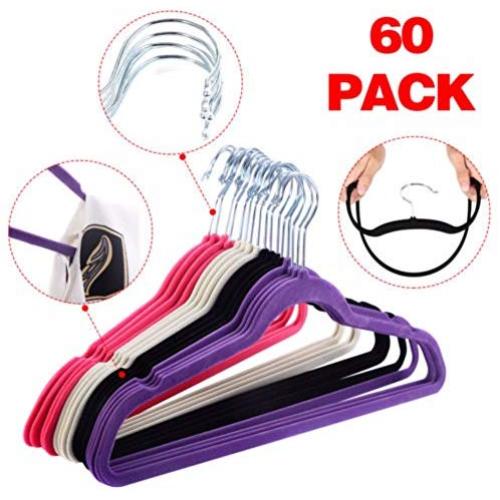 60PCS Non Slip Velvet Clothes Suit/Shirt/Pants Hangers White, Black, Purple,Red