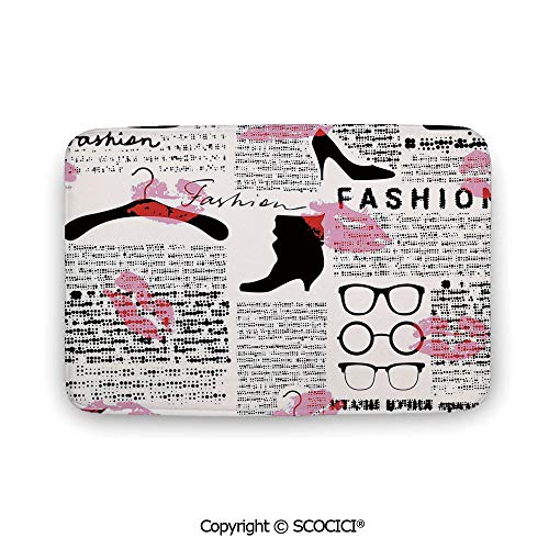 Bathroom Rug Bath Mat Old Newspaper Decor,Fashion Elements Lipstick Shoes Hangers Decorative,Scarlet Baby BlackCoral Velvet Soft Water Absorbent Thick