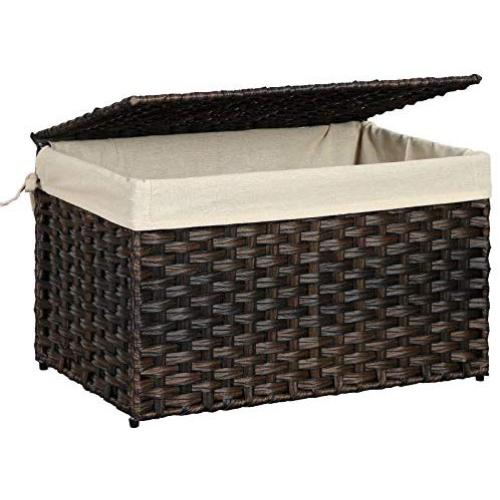 SONGMICS Storage Box, Laundry Hamper with Cotton Liner and Metal Frame, Storage Basket with Lid, Decorative Bin for Bedroom Closet Laundry Room, Rattan-Style, 21.9 x 13.4 x 13.4 Inches, Brown URST56BR SONGMICS Storage Box, Laundry Hamper with Cotton Liner and Metal Frame, Storage Basket with Lid, Decorative Bin for Bedroom Closet Laundry Room, Rattan-Style, 21.9 x 13.4 x 13.4 Inches, Brown URST56BR