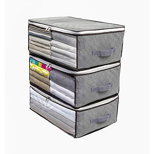 MOLOVA Foldable Closet Organizer Clothing Storage Bag Boxes with Clear Window, Waterproof Durable Fabric, Idea for Clothes, Blankets, Comforters, Bedding Storage Bag Organizers,3 Pack,35L,Gray