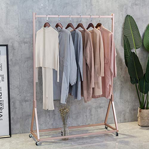 FURVOKIA Modern Simple Heavy Duty Metal Rolling Garment Rack with Wheel,Retail Display Clothing Rack,Wrought Iron Single Rod Floor-Standing Hangers Clothes Shelves (Rose Gold Square Tube, 47.2 L)