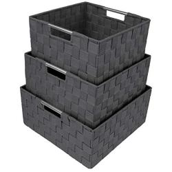 Sorbus Storage Boxes Woven Basket Bin Container Tote Cube Organizer Set Stackable Storage Basket Woven Strap Shelf Organizer Built-in Carry Handles (Gray)